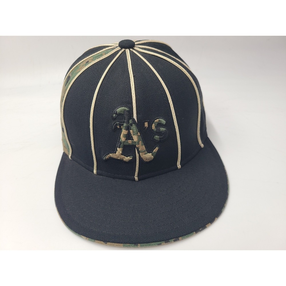 New Era Black Hat with Camo A's Logo and Cream Piping